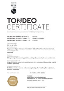 Certificaat Tondeo, Grinding Service Plus III Expert